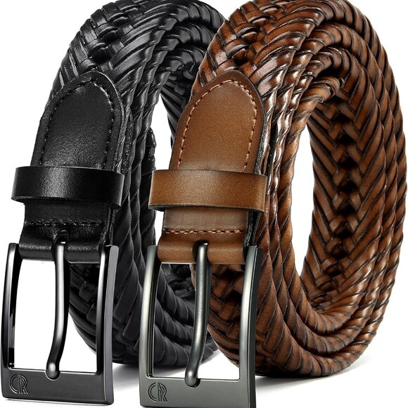 Leather Braided Belts for Men 2 Pack - 1 1/8" Leather Belts in Package Box - Ver - Picture 1 of 6